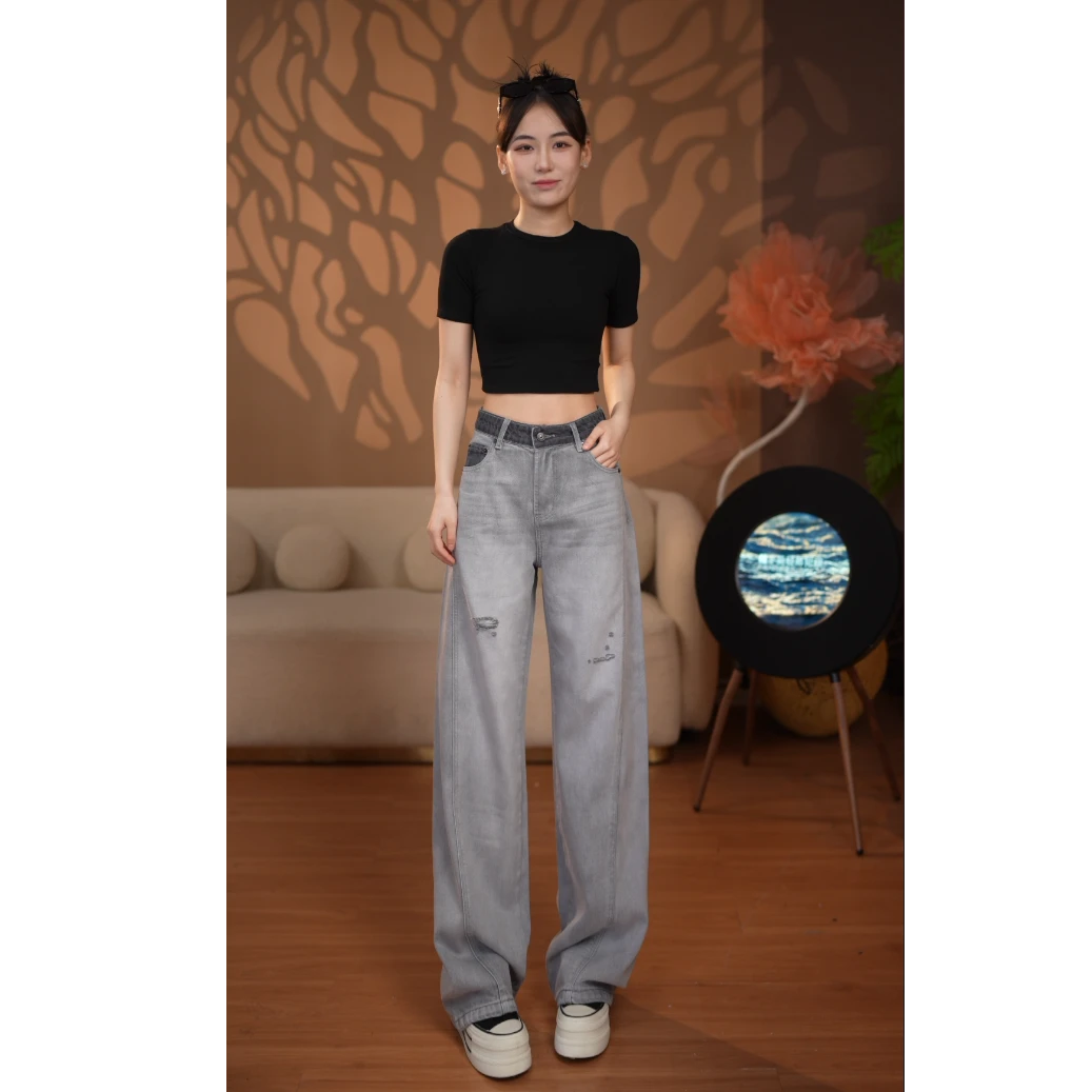 弯刀裤阔腿裤2025春夏中腰长裤牛仔裤撞色磨破小众显瘦宽松阔腿