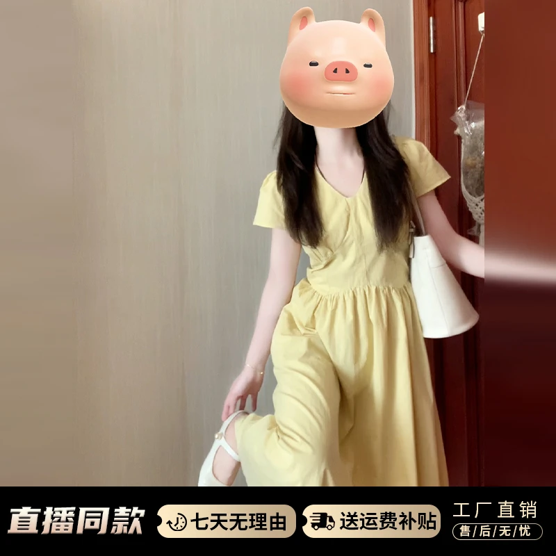 DJ4102黄色V领设计感连衣裙子女夏季2024新款法式超好看气质长裙