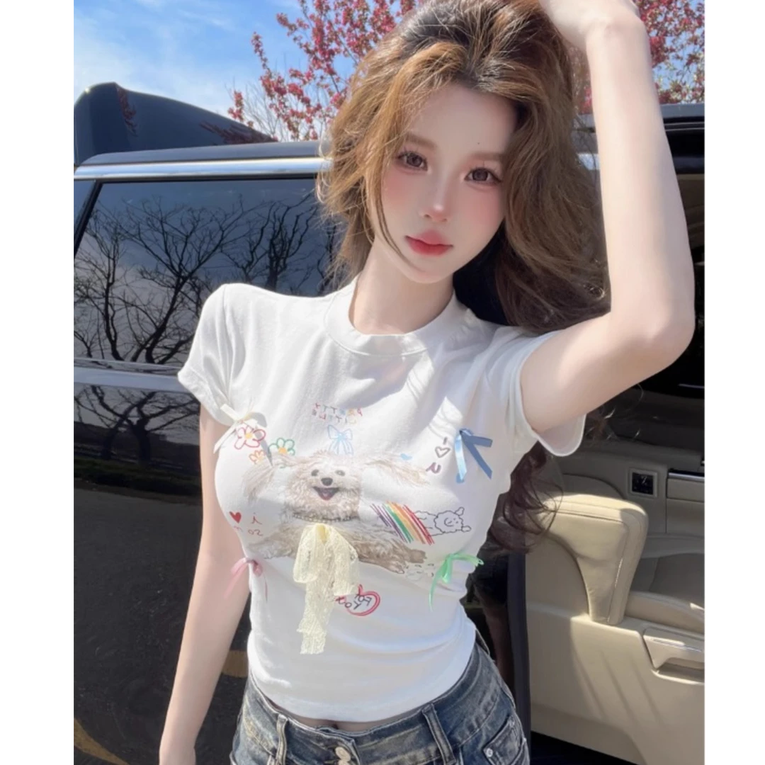 甜酷辣妹风正肩立体蝴蝶结短款白色T恤女2025夏季高腰露脐短款T恤