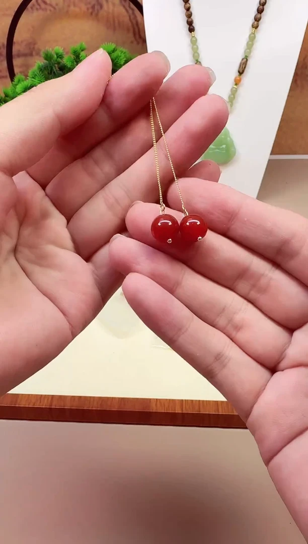 南红玛瑙14K金镶嵌耳饰A715