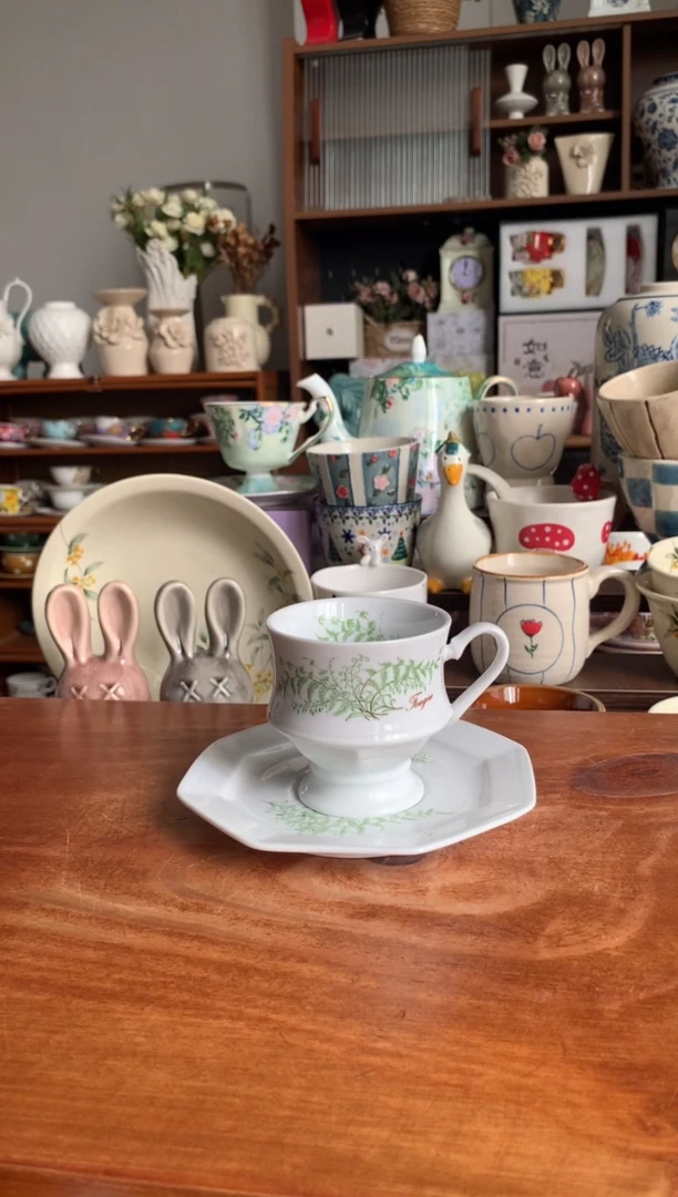 陶瓷【外单尾货默认微瑕】中古六角杯碟