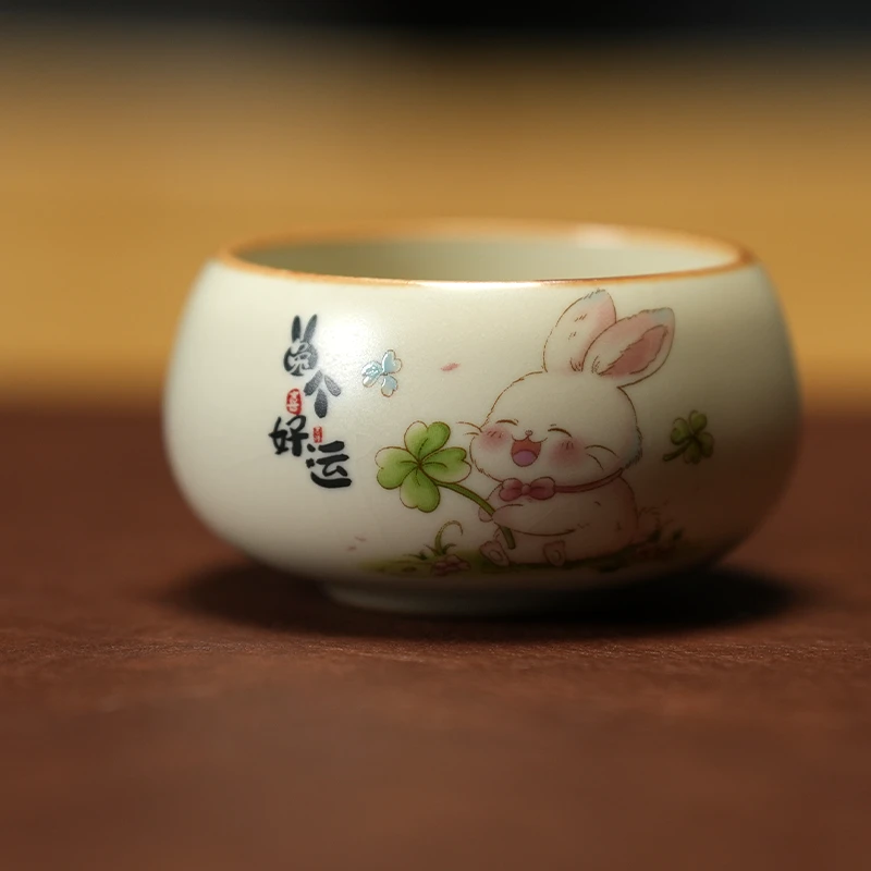 福利 手工汝窑开片兔子小禅定杯 兔个好运 精美家用主人杯 s1020