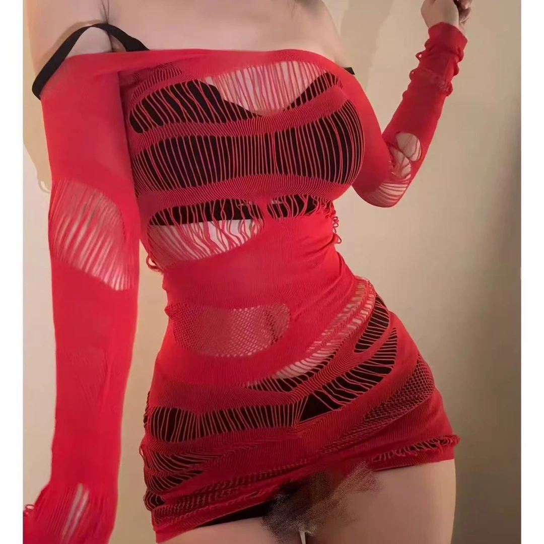 千禧辣妹打底背心套装带袖套弹性镂空网眼连衣包臀裙欧美性感短裙