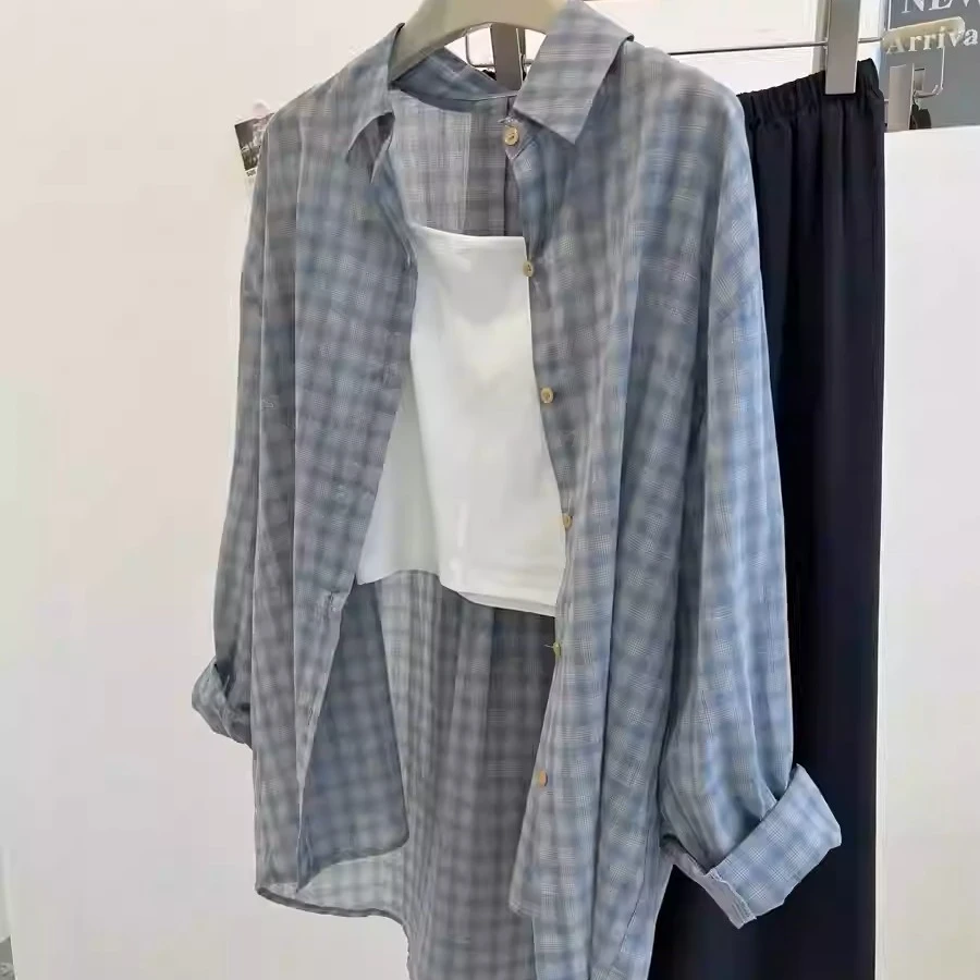防晒衬衫女2025夏季薄款日系浅蓝色纹格长袖百搭宽松慵懒风上衣女