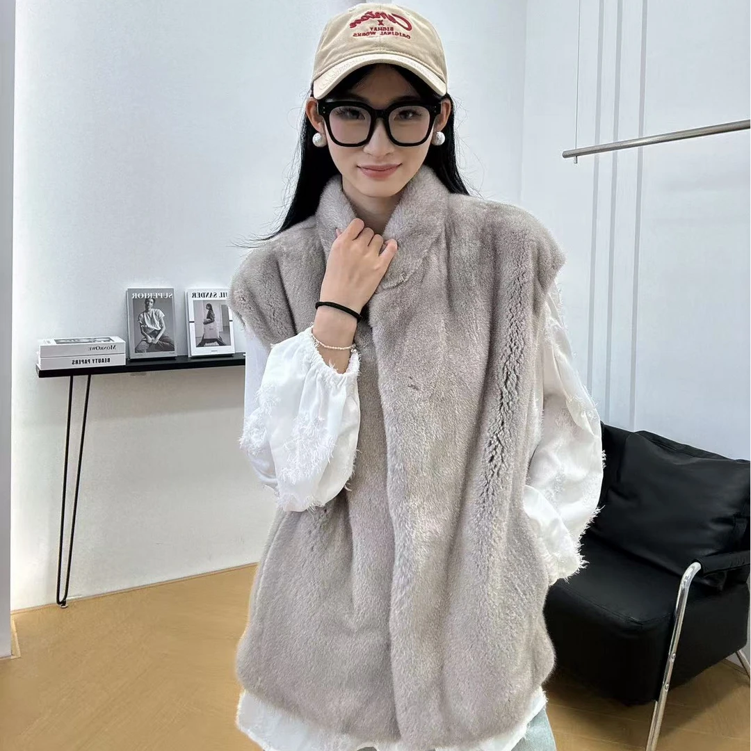QIQI皮草天然水貂进口整貂立领包肩宽松慵懒简约马甲保暖休闲马甲
