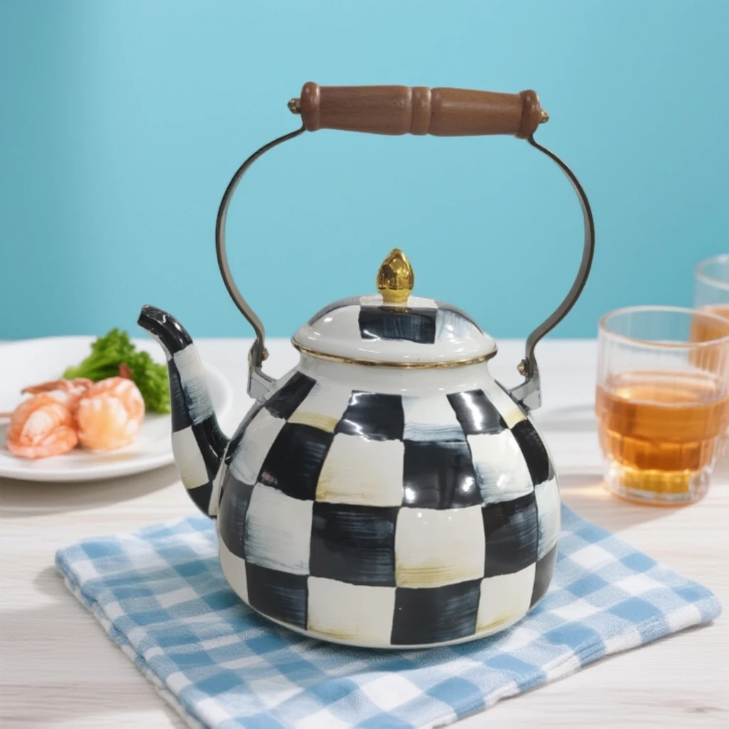 【搪小厨】4L平底壶金顶黑白格家用搪瓷烧水壶名族风珐琅茶壶大容量