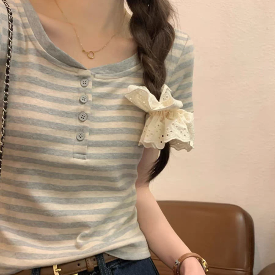 韩版大U领百搭撞色条纹T恤女夏季短款甜辣妹上衣513