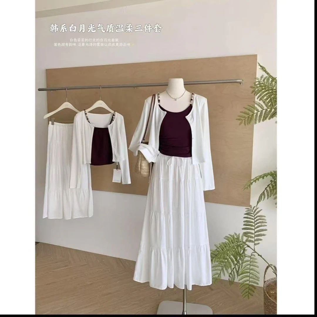 2025白色韩系气质针织法式温柔上衣紫色百搭背心夏季长袖时尚套装
