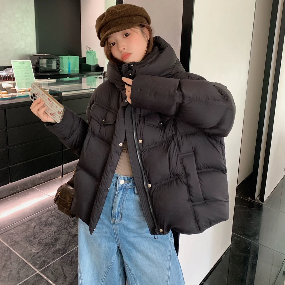 泡芙连帽羽绒服8808新款韩版宽松新国标90白鸭绒加厚减龄泡芙外套