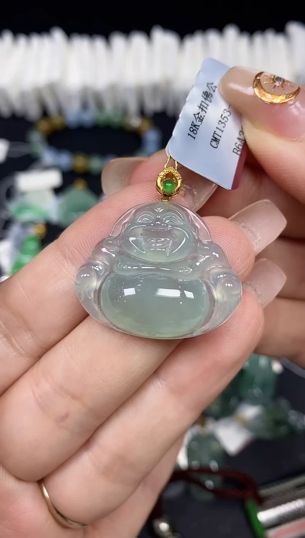 吊坠(不含链)18K金镶嵌翡翠佛公18K金扣镶嵌@@1353-1