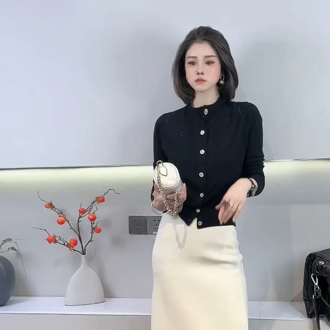 韩系温柔镂空花边薄款羊毛针织开衫女新款复古显瘦毛衣外套