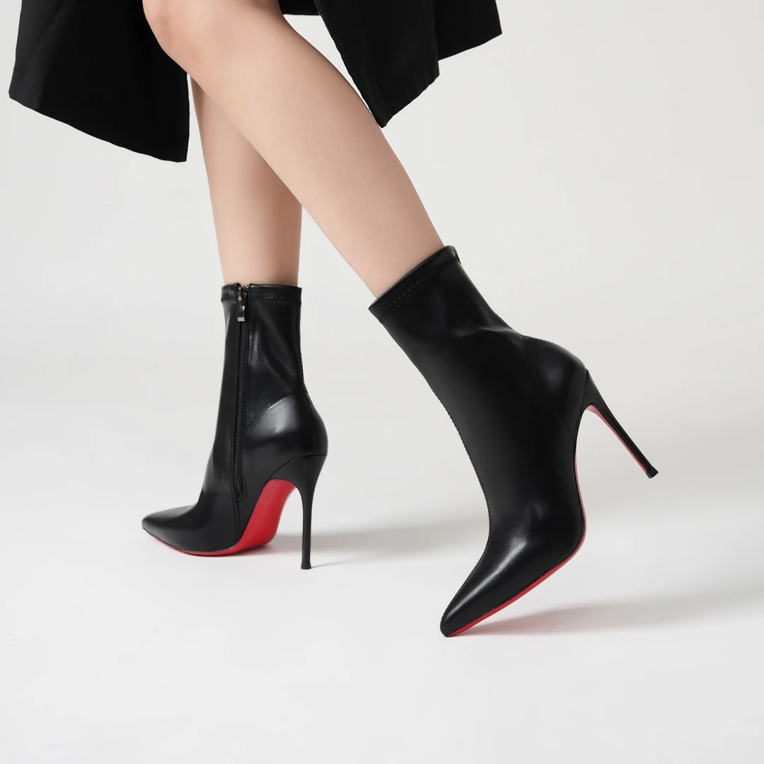 秋冬女高跟短靴细跟红底靴子尖头冬季加绒保暖弹力靴瘦瘦靴马丁靴