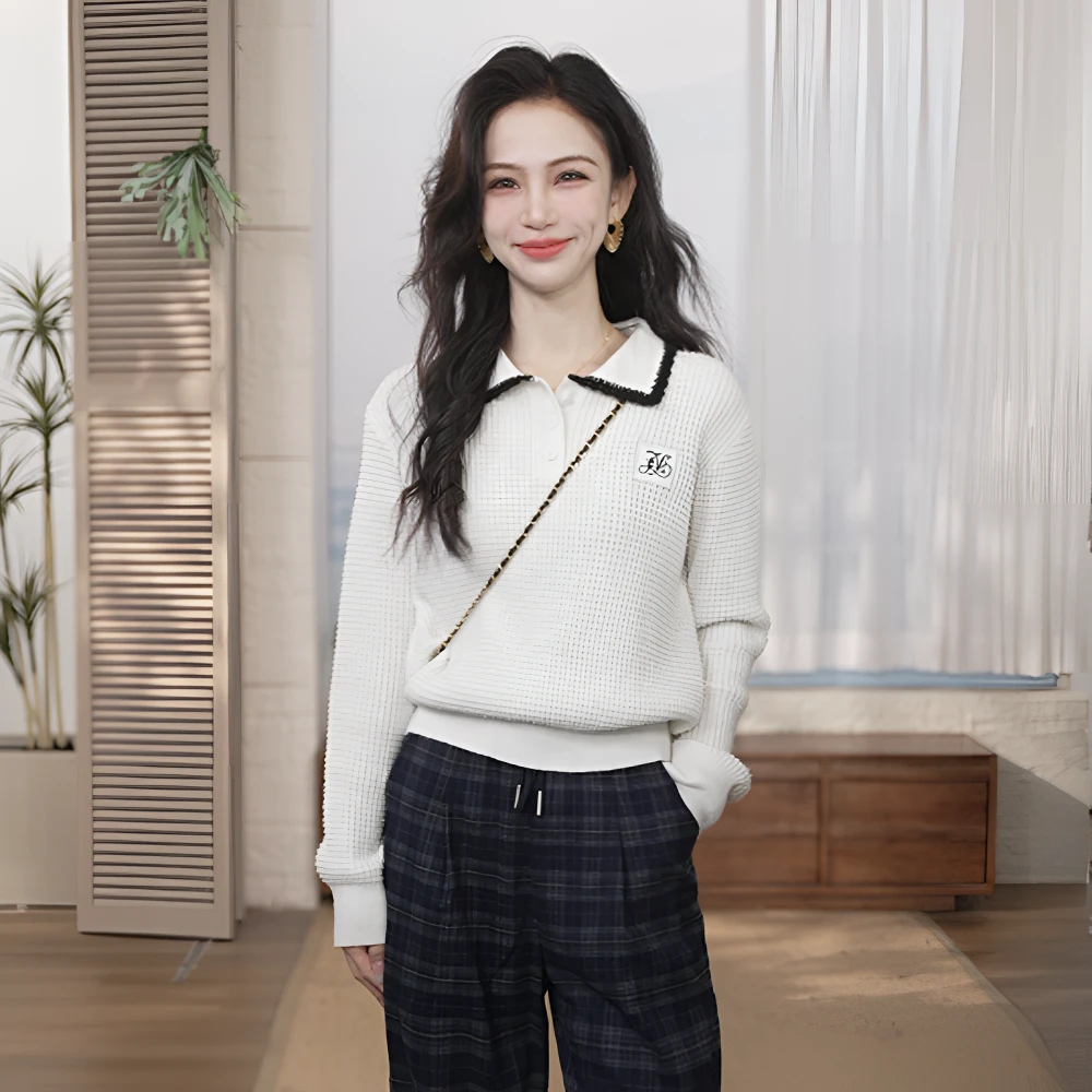 【绿子专属】茵曼25撞色翻领娃娃领套头毛衣休闲百搭毛衣D18538757