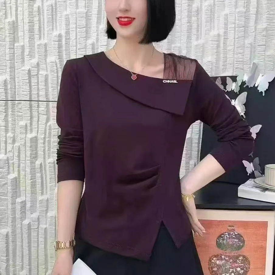 2025早秋新款斜领中袖T恤女不规则别致气质收腰显瘦上衣2535长55