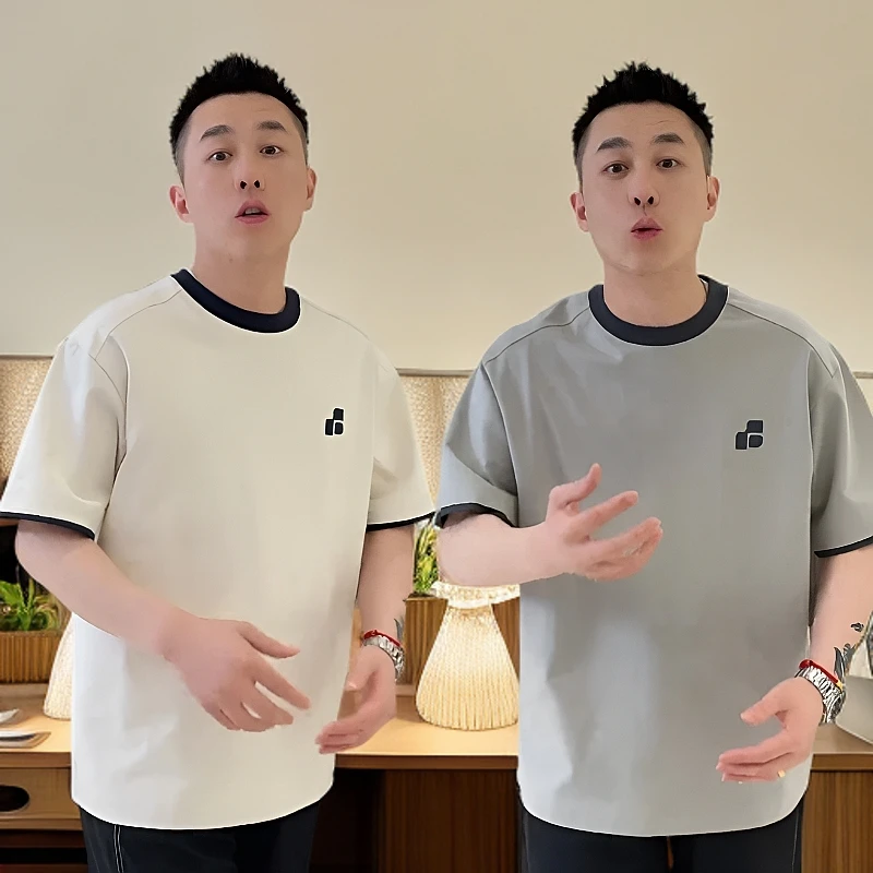 夏季新款假俩件刺绣纯色圆领短袖T恤男时尚潮流休闲简约百搭半袖