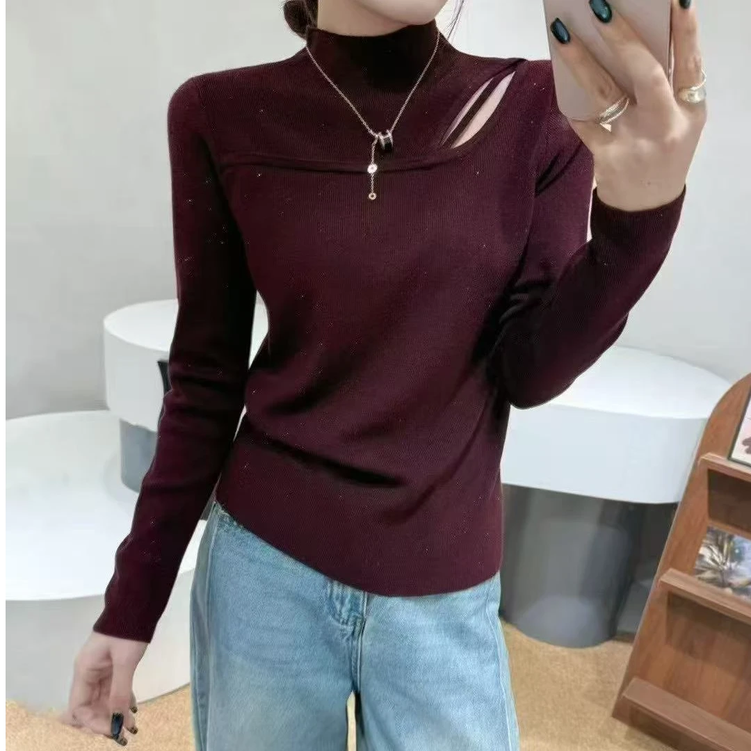 （以直播间颜色为准）2861款加绒加厚镂空半高领打底内搭t恤上衣