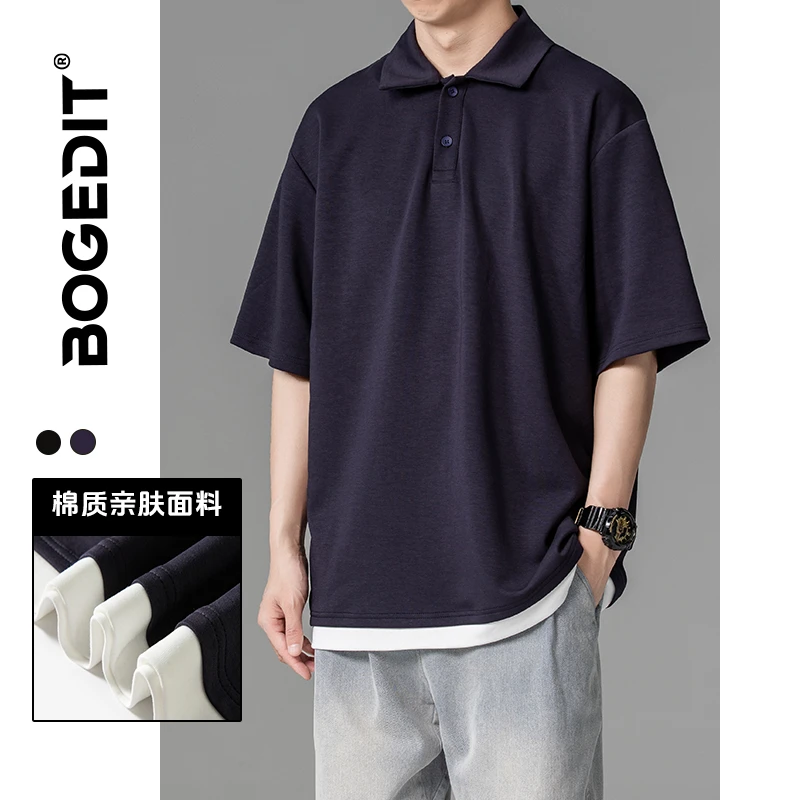 BOGEDIT夏季新款假两件polo男士百搭宽松休闲T恤纯色翻领潮流半袖