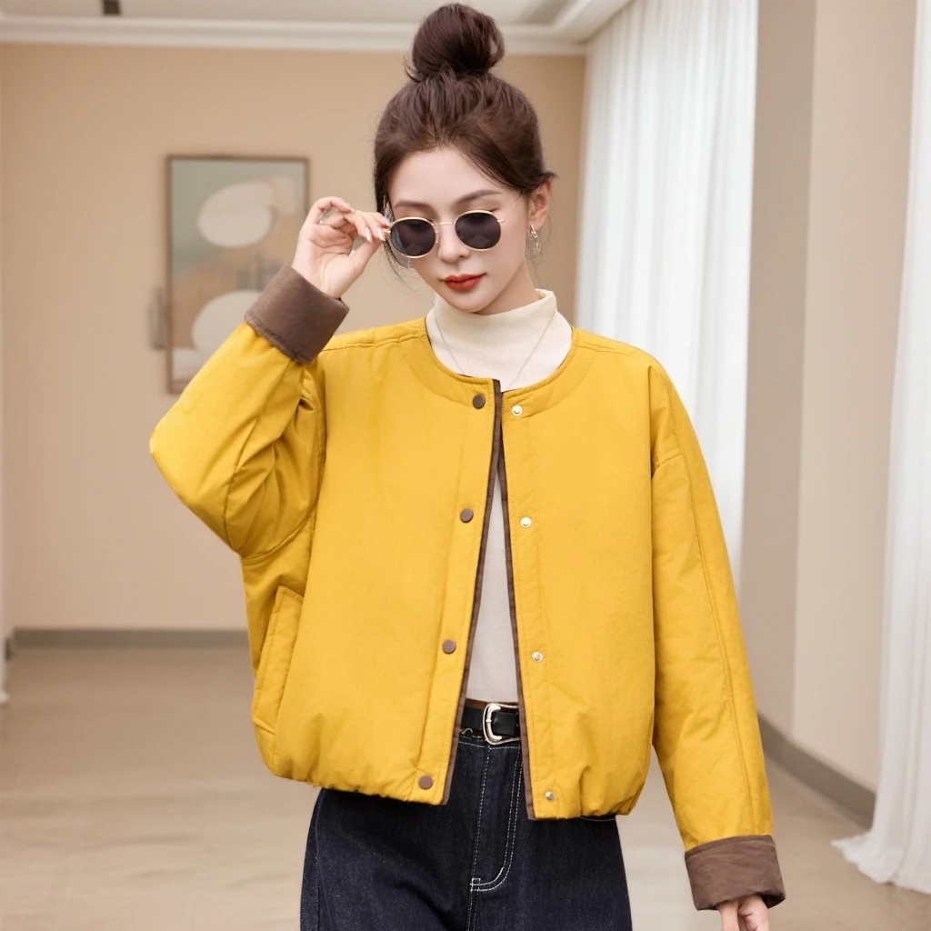 撞色拼接圆领棉服女短款2025冬季新款宽松百搭休闲轻薄款棉衣外套