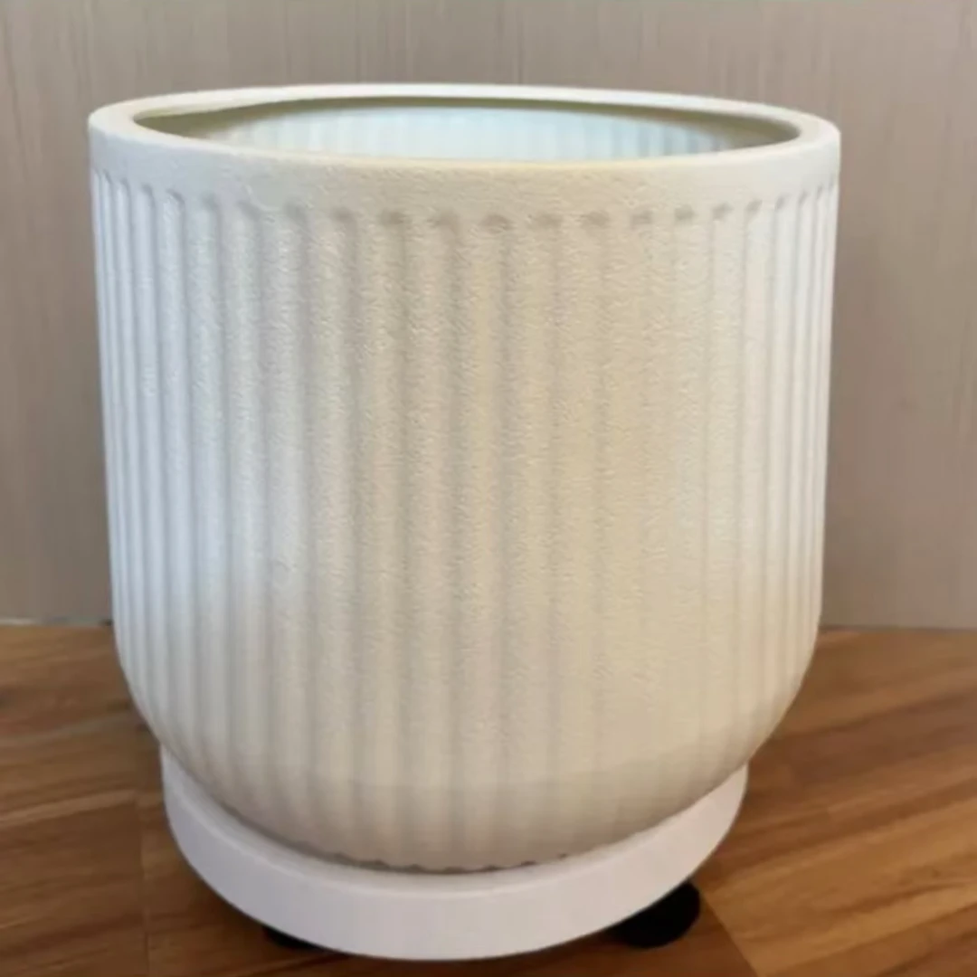 大型绿植专用竖纹树脂盆 滑轮托盘