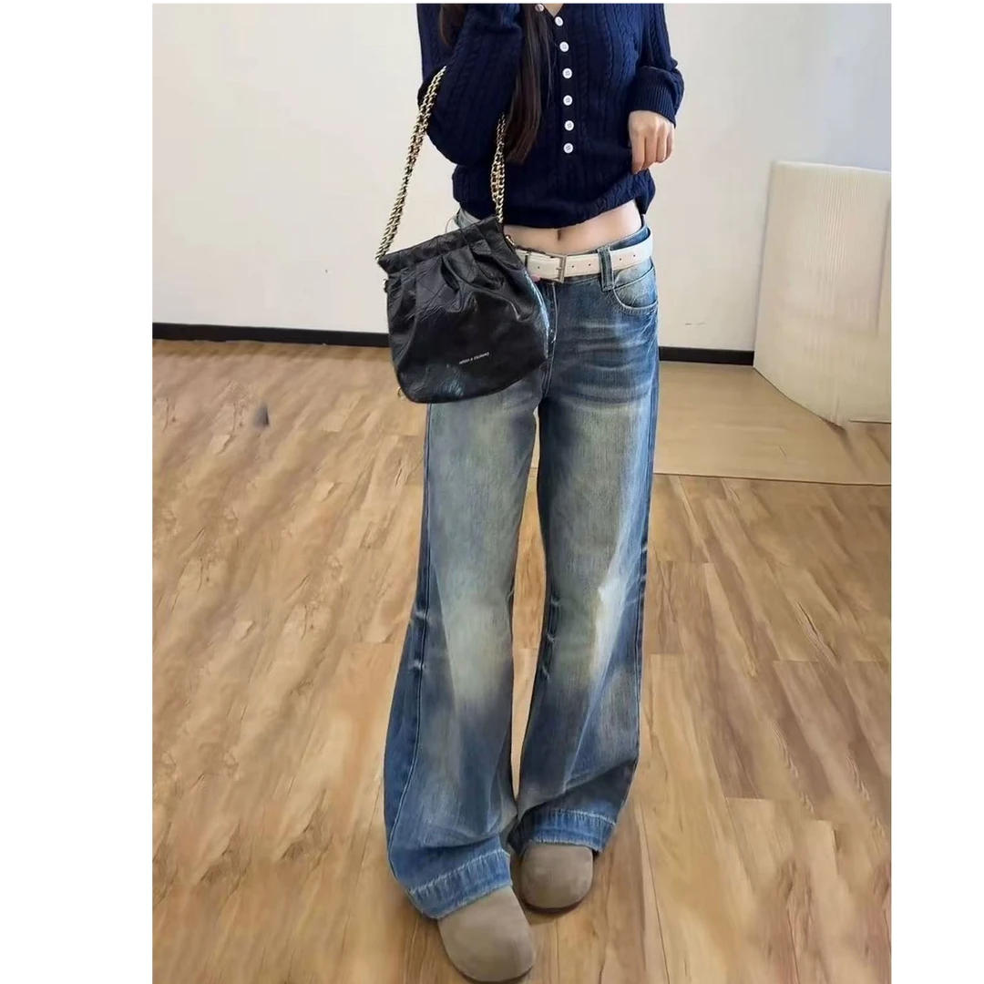 美式复古阔腿牛仔裤女冬季设计感水洗做旧高腰显瘦宽松直筒长裤子