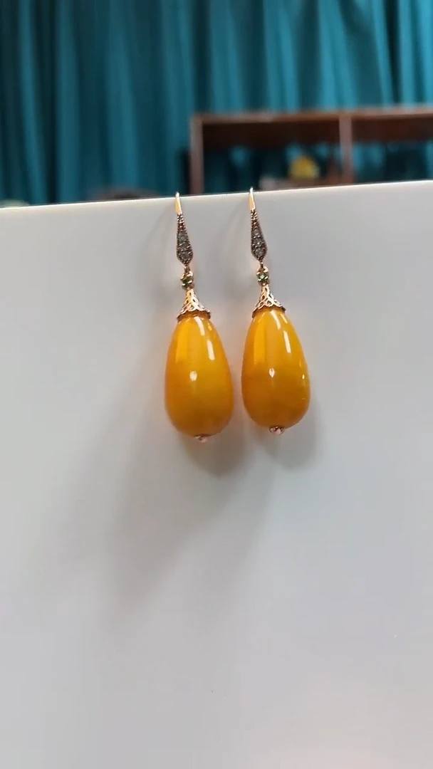 银S925镶嵌蜜蜡耳坠蜜蜡水滴耳坠