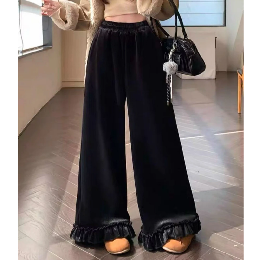 NICE圈圈、丝绒花边质感加绒松紧腰阔腿裤A7108
