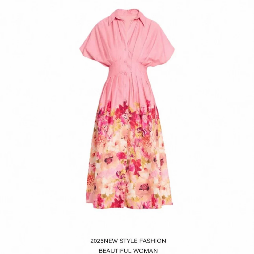 【现货】v领连衣裙女2025年夏季新款时尚别致高级感收腰印花长裙