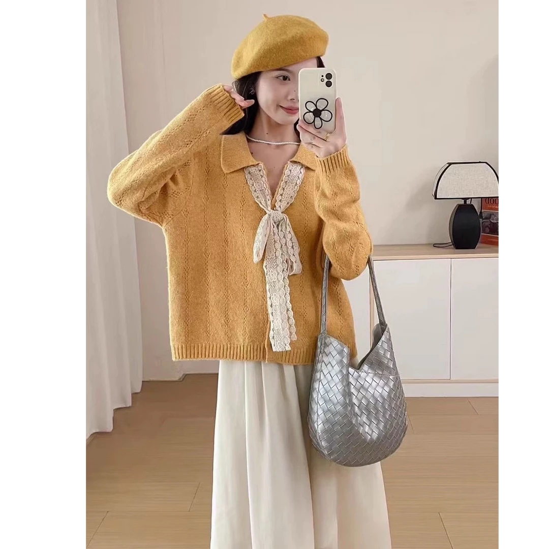 设计感气质系带蝴蝶结V领混纺毛衣开衫洋气减龄针织衫1305