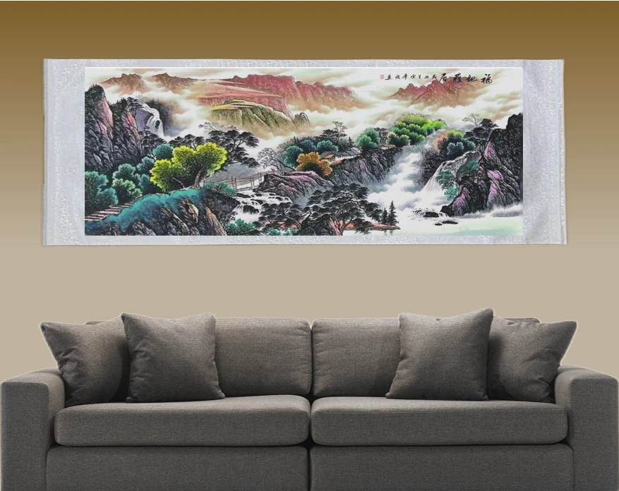 六尺《福地雅居》尺寸2.10米X0.73米国风花鸟山水装饰画