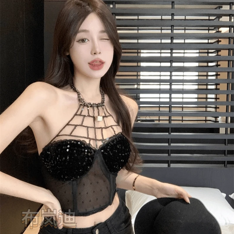 辣妹性感重工钻网纱链条挂脖吊带背心女亮片外穿内搭显瘦短款套装