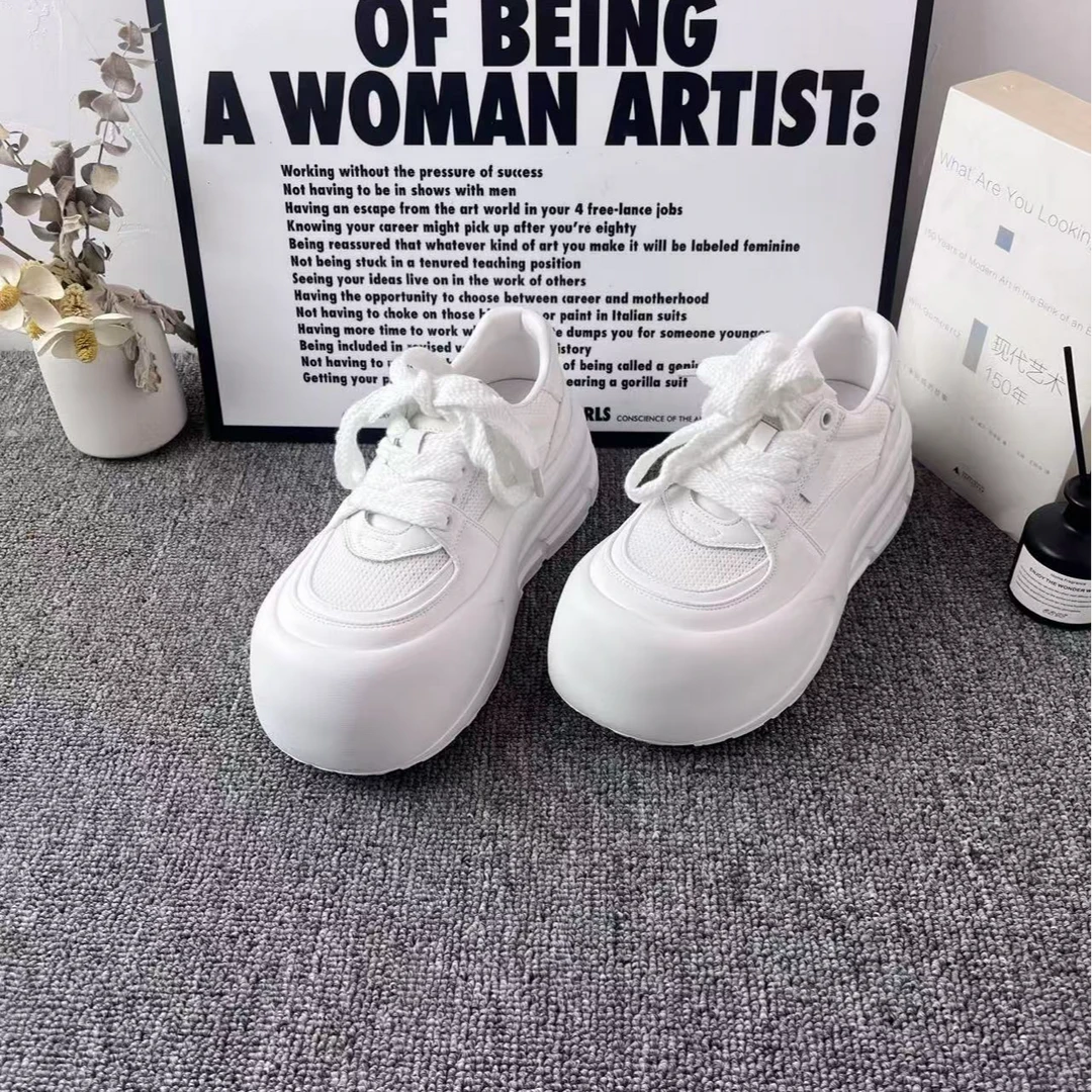 休闲鞋老爹鞋薄款系带中跟厚底女鞋潮流成人浅口时尚松糕鞋透气皮