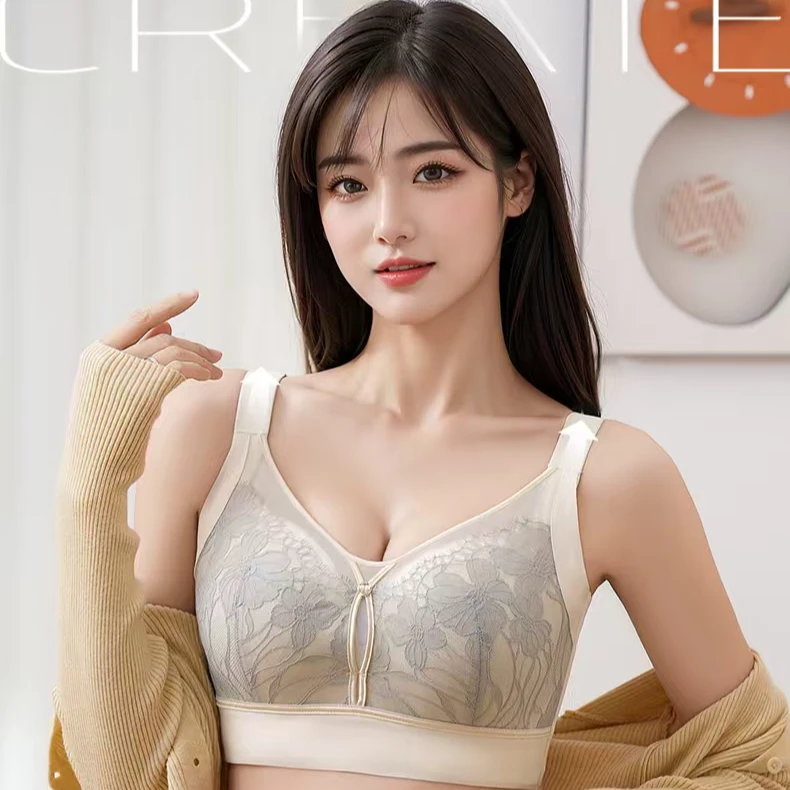 3368网纱蕾丝大码内衣大胸显小舒适透气无痕无钢圈聚拢调整型文胸