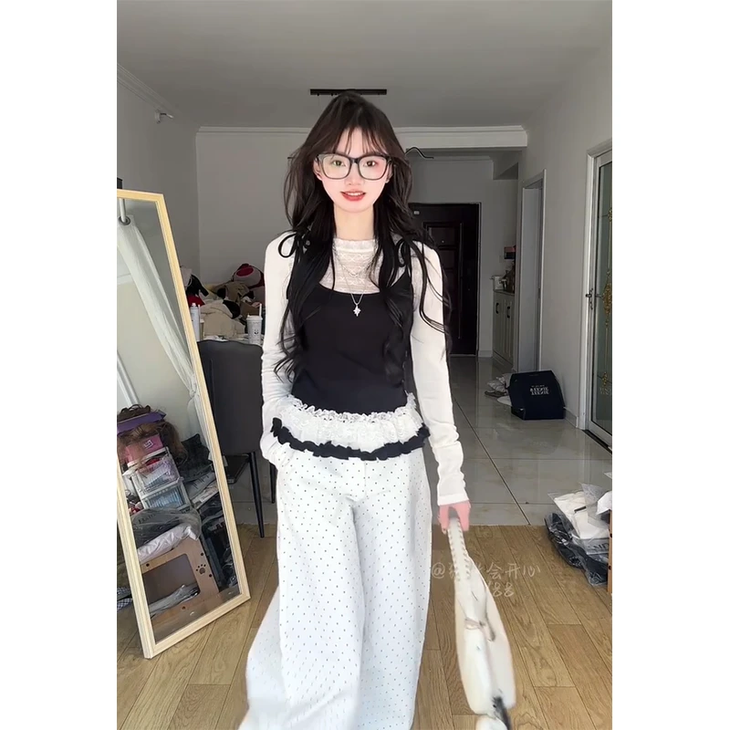 时尚穿搭女士春季圆领长袖花边假两件显瘦气质上衣波点阔腿休闲裤
