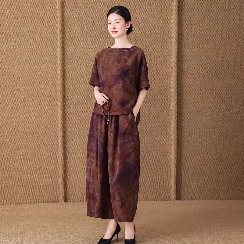 端庄大气中老年妈妈仿香云纱两件套宽松新款国风大码洋气套装夏春