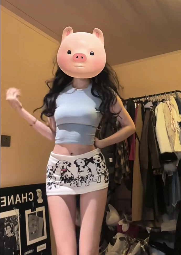 纯欲辣妹风小众时尚蓝色圆领修身上衣+小狗印花包臀半身裙女高级