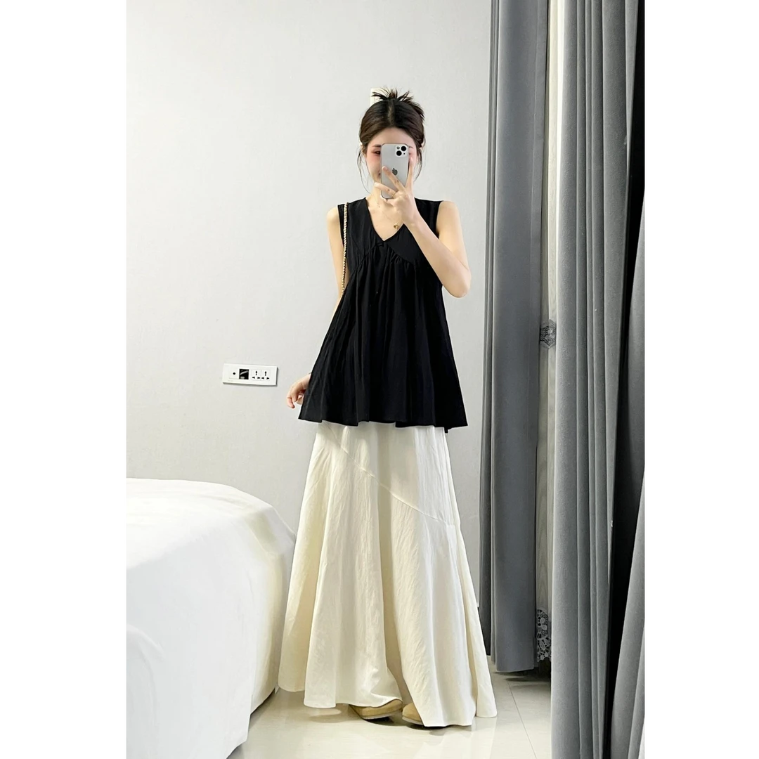 韩系百搭黑色无袖背心上衣女2025夏季新款设计感半身裙两件套装潮