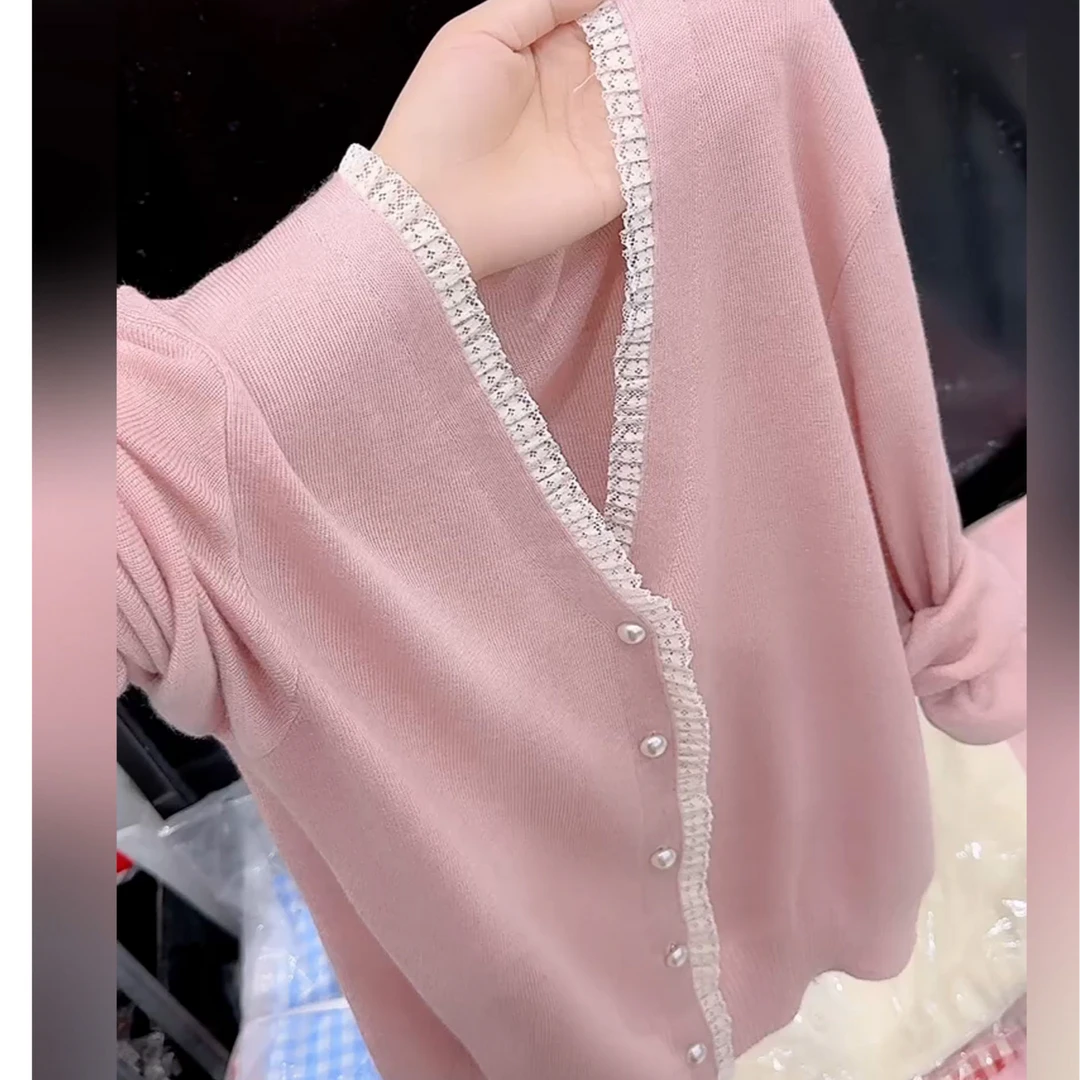 欧货高端粉色V领长袖针织开衫女2025早秋新款高级感宽松百搭上衣