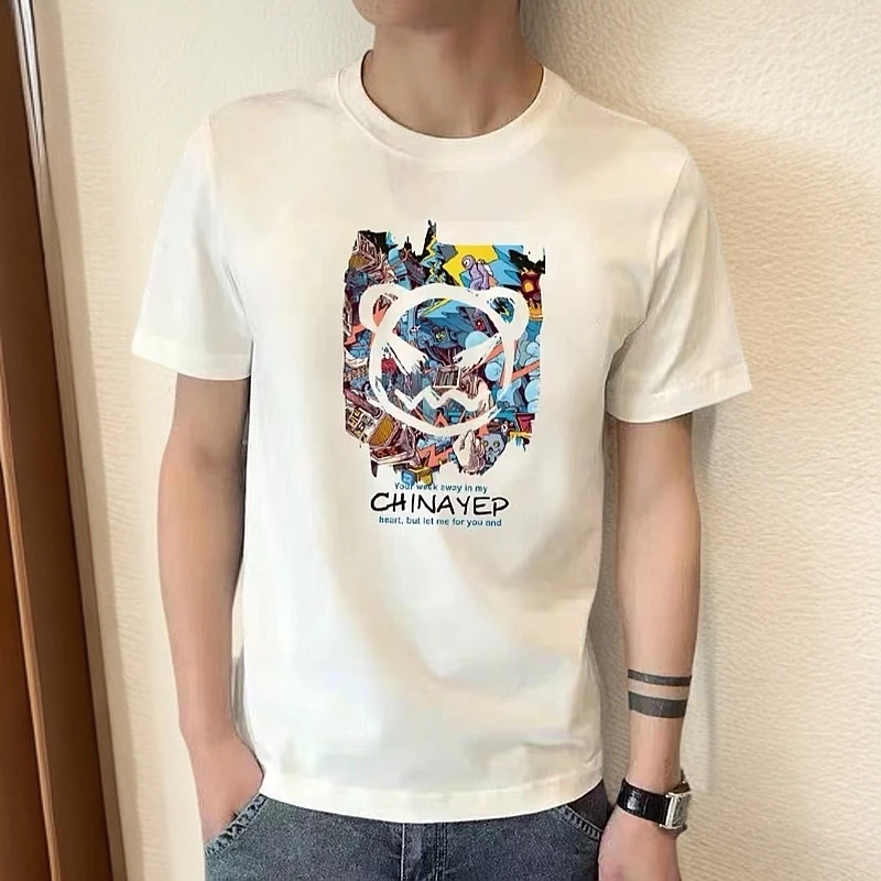 V/雅鹿夏季2025修身圆领短袖韩版流行白色情侣上衣潮流半袖