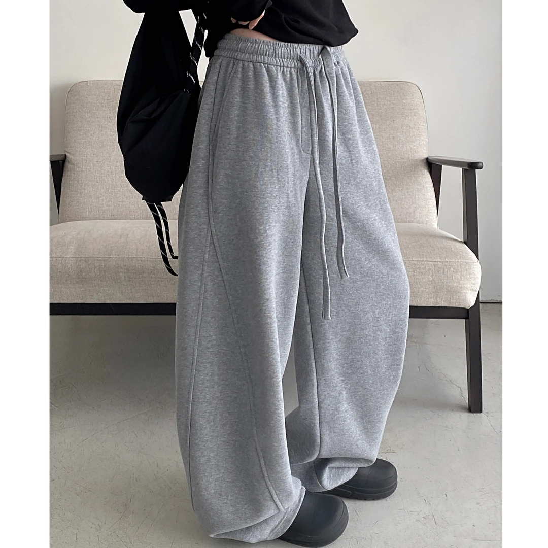 高端货~美式灰色卫裤运动裤女春秋季新款宽松阔腿休闲裤弯刀裤子
