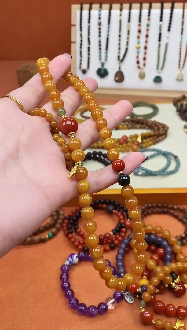 手链蜜蜡未镶嵌双圈蜜蜡和田南红手串