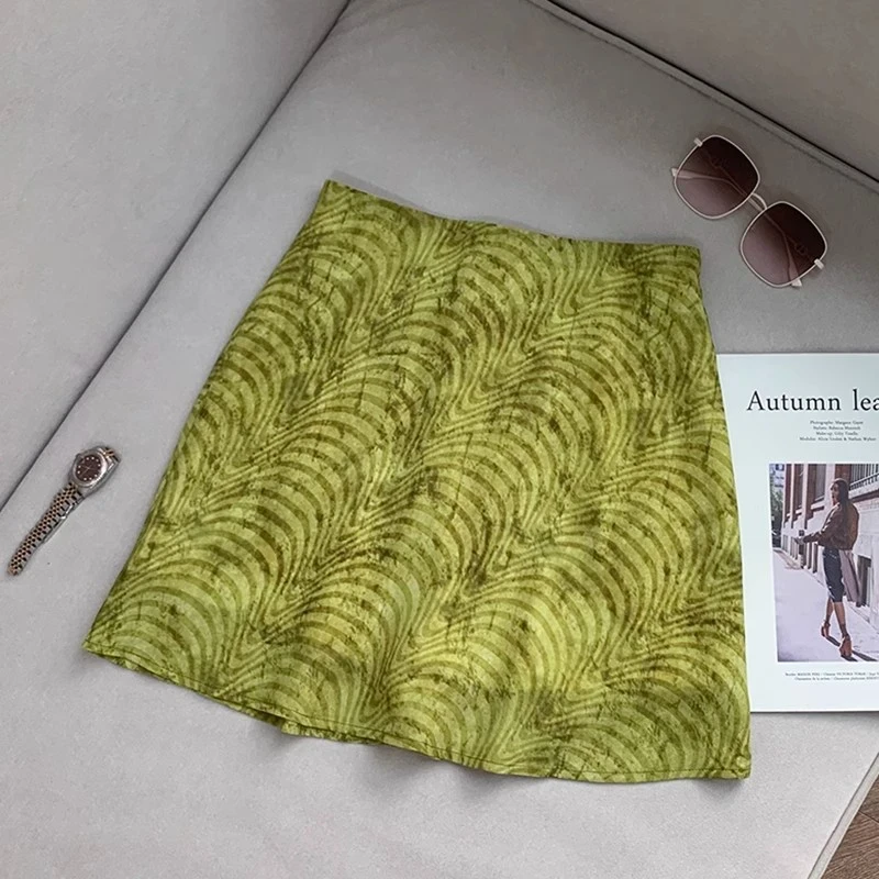 小清新碎花条纹绿色半身裙森系显瘦A字短裙春夏半裙欧若新中式裙