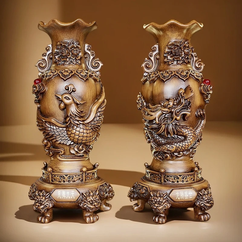 高档陶瓷龙凤花瓶摆件大气中式客厅玄关装饰婚庆创意乔迁礼品前台