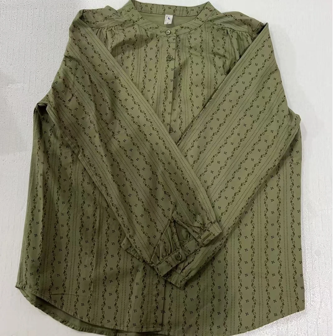 春装小立领碎花竖条纹衬衫长袖娃娃衫文艺衬衣宽松军绿色休闲上衣