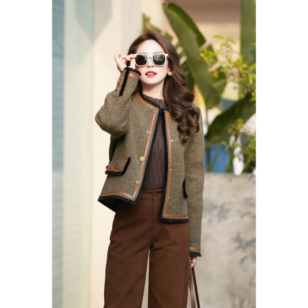 诗篇时尚休闲百搭复古宽松法式羊毛双面尼气质外套6C63510043