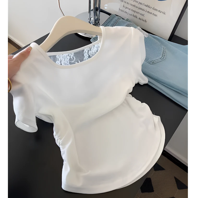 白色方领短袖t恤女2025年夏季小个子短款收腰正肩掐腰设计感上衣