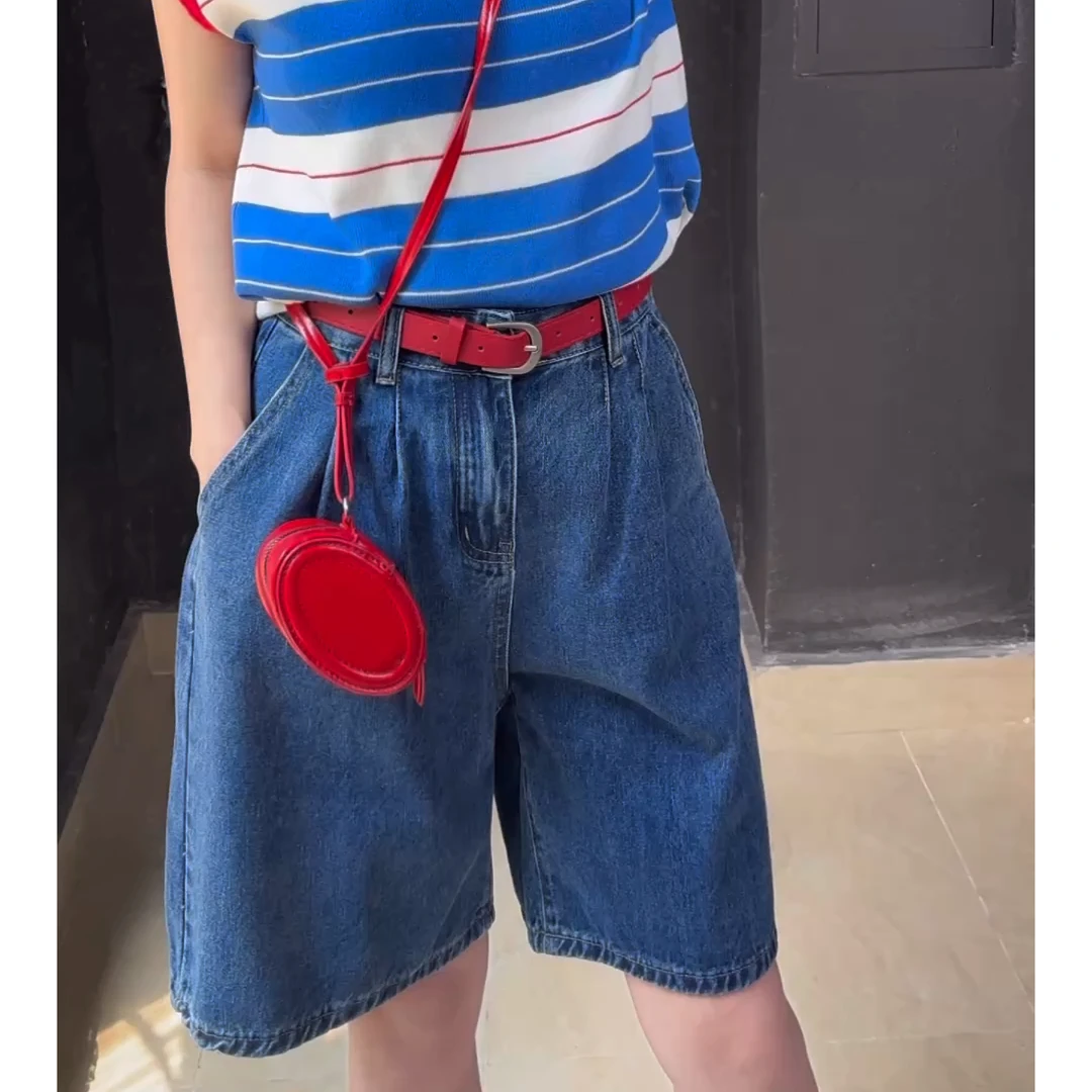 【姿姐优选】【送腰带+运费补贴】五分牛仔短裤女宽松显瘦中裤7533 Q