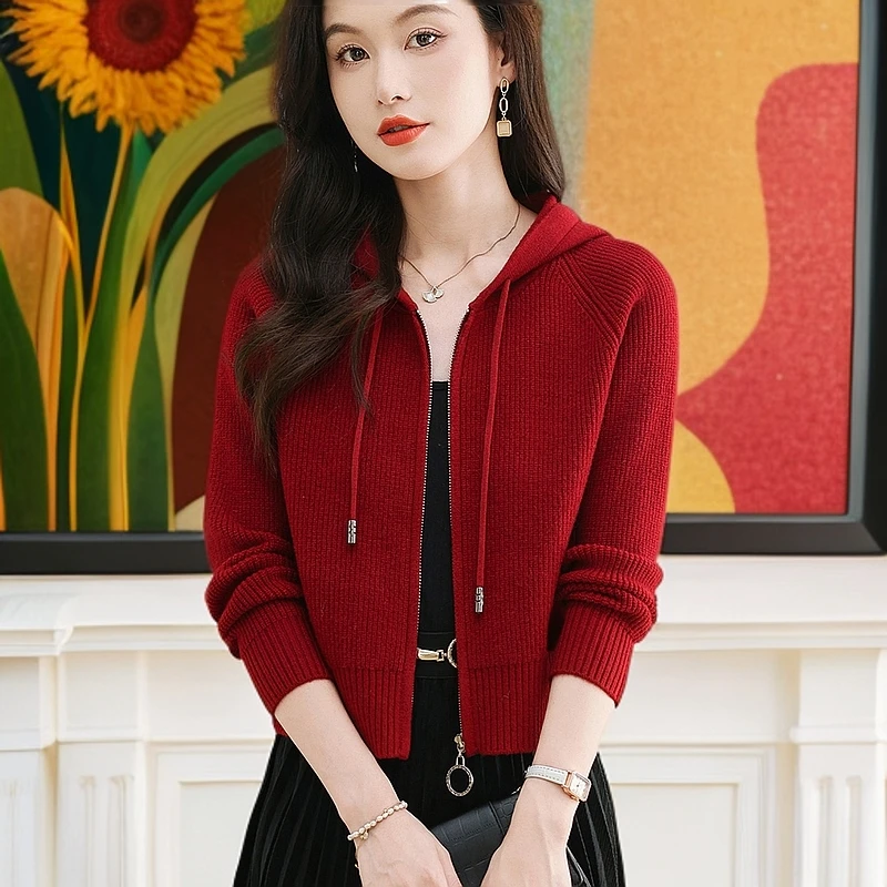 纯100羊毛衫女针织开衫毛衣外套短款拉链连帽卫衣春秋专柜正品