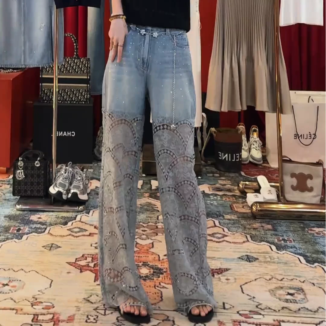 牛仔随行～2025春夏重工烫钻镂空蕾丝拼接牛仔裤女款爆款2025新款