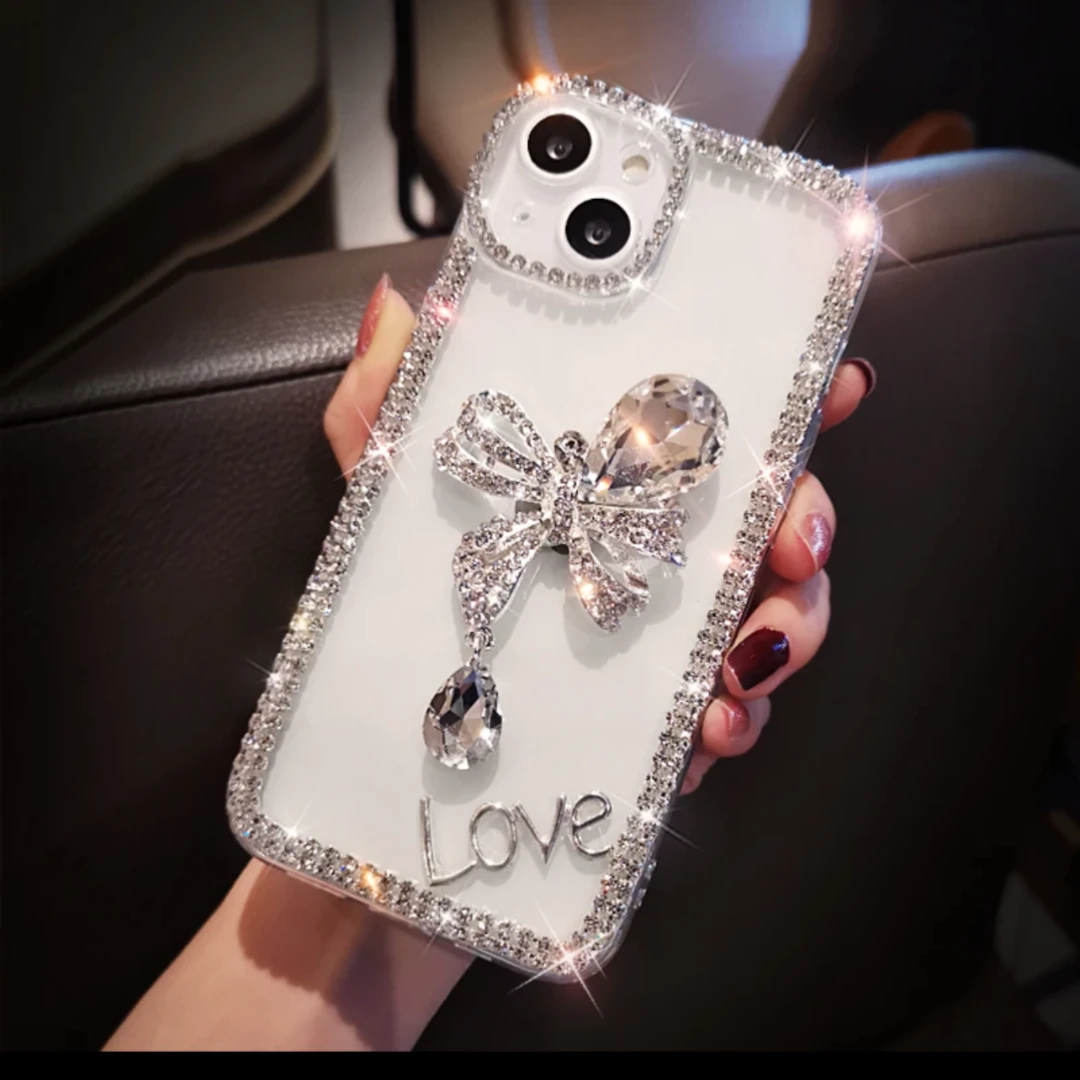 适用苹果/华为/OPPO/VIVO/小米手工DIY蝴蝶结宝石吊坠镶钻手机壳