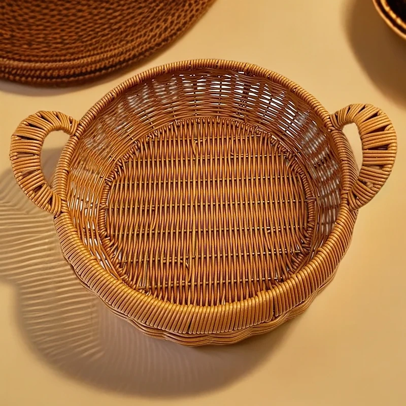 椭圆形果盘仿藤编客厅零食筐厨房蔬菜收纳筐野餐篮面包篮家用水果